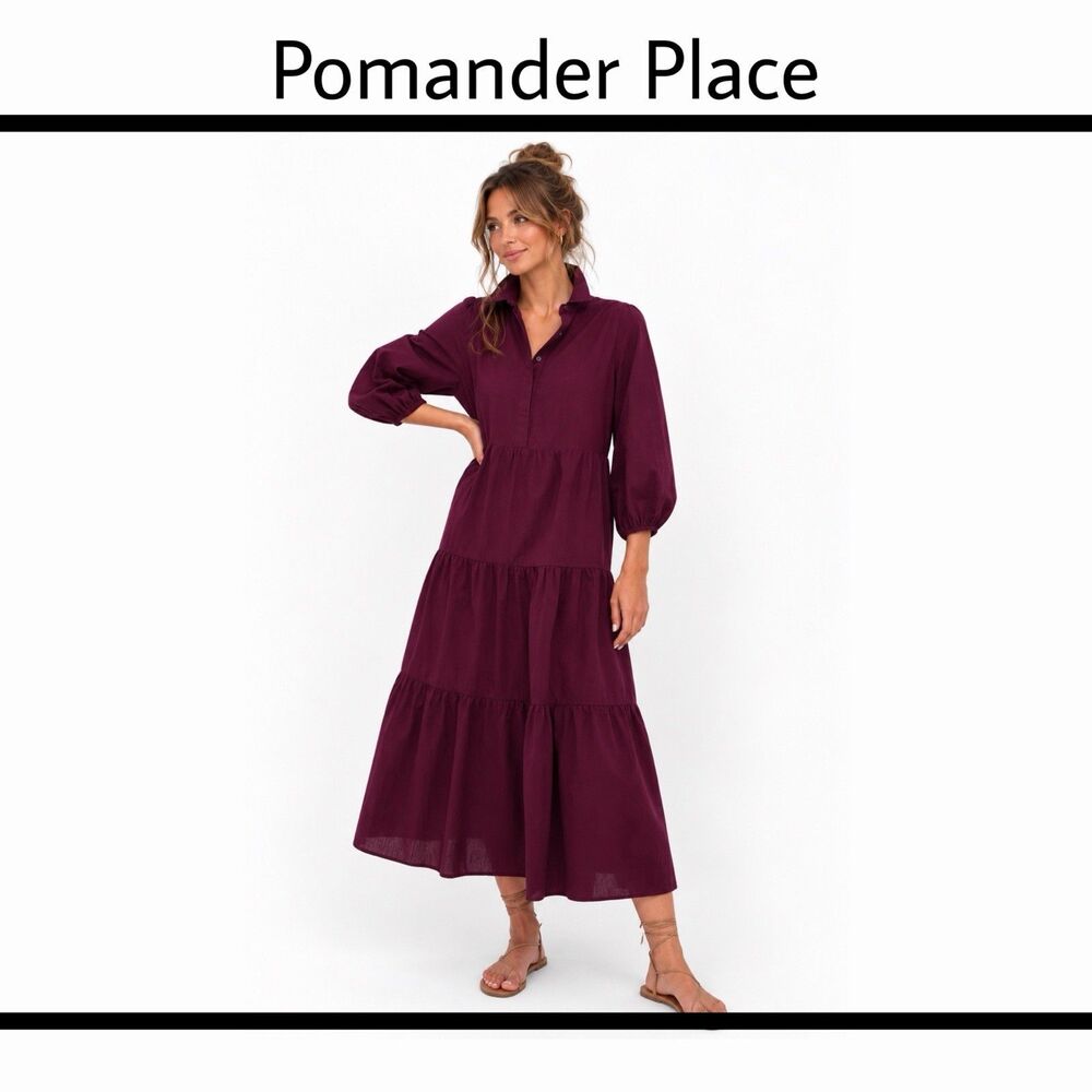 Pomander Place Tuckernuck Winetasting Cotton Mabel Tiered Maxi Dress Size M NWT